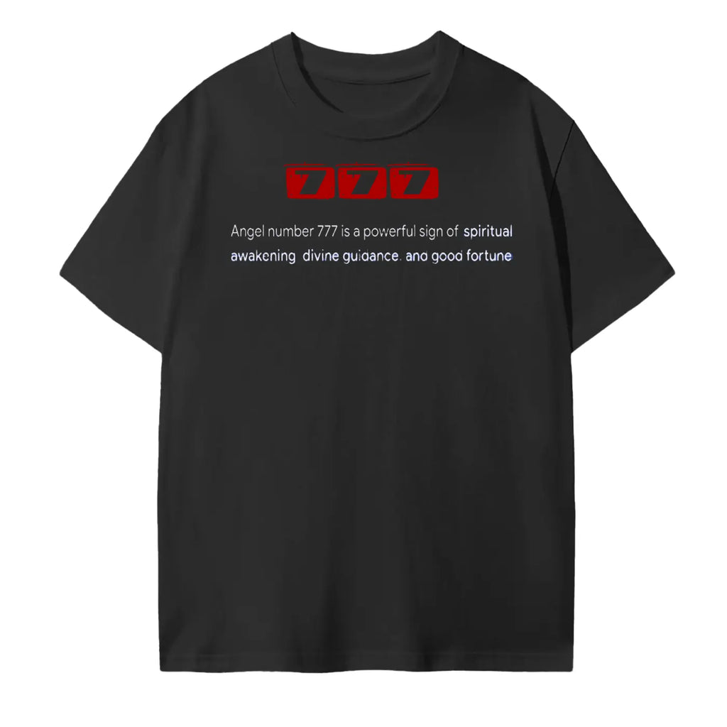 777 Angel number Cotton T-Shirt: "777 Angel Number cotton t-shirt in black - spiritual awakening and divine wisdom apparel"