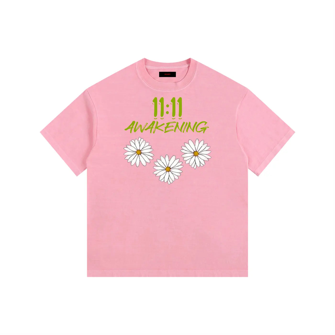 Celestial Pink t-shirt with '11:11 Awakening' text and daisy flowers on a white background
