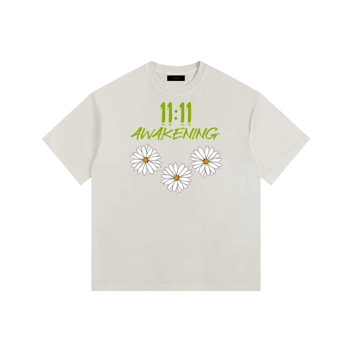 Celestial beige t-shirt with '11:11 Awakening' text and daisy flowers on a white background