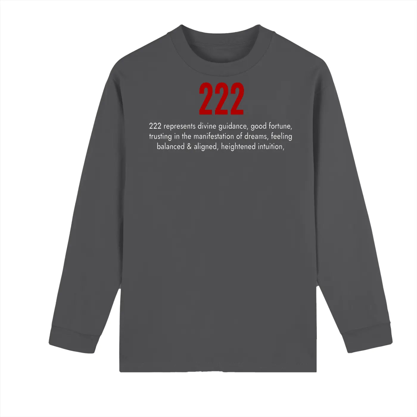 222 angel number t-shirt in gray with minimalist white typography design, unisex spiritual apparel
