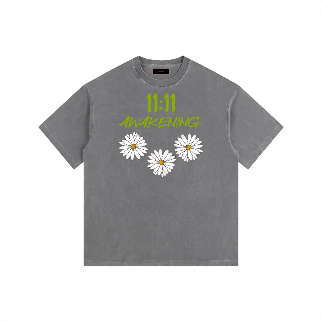 celestial gray t-shirt with white daisies and '11:11 Awakening' text on a white background
