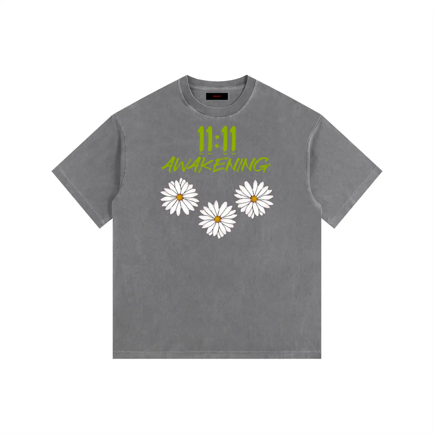 celestial gray t-shirt with white daisies and '11:11 Awakening' text on a white background