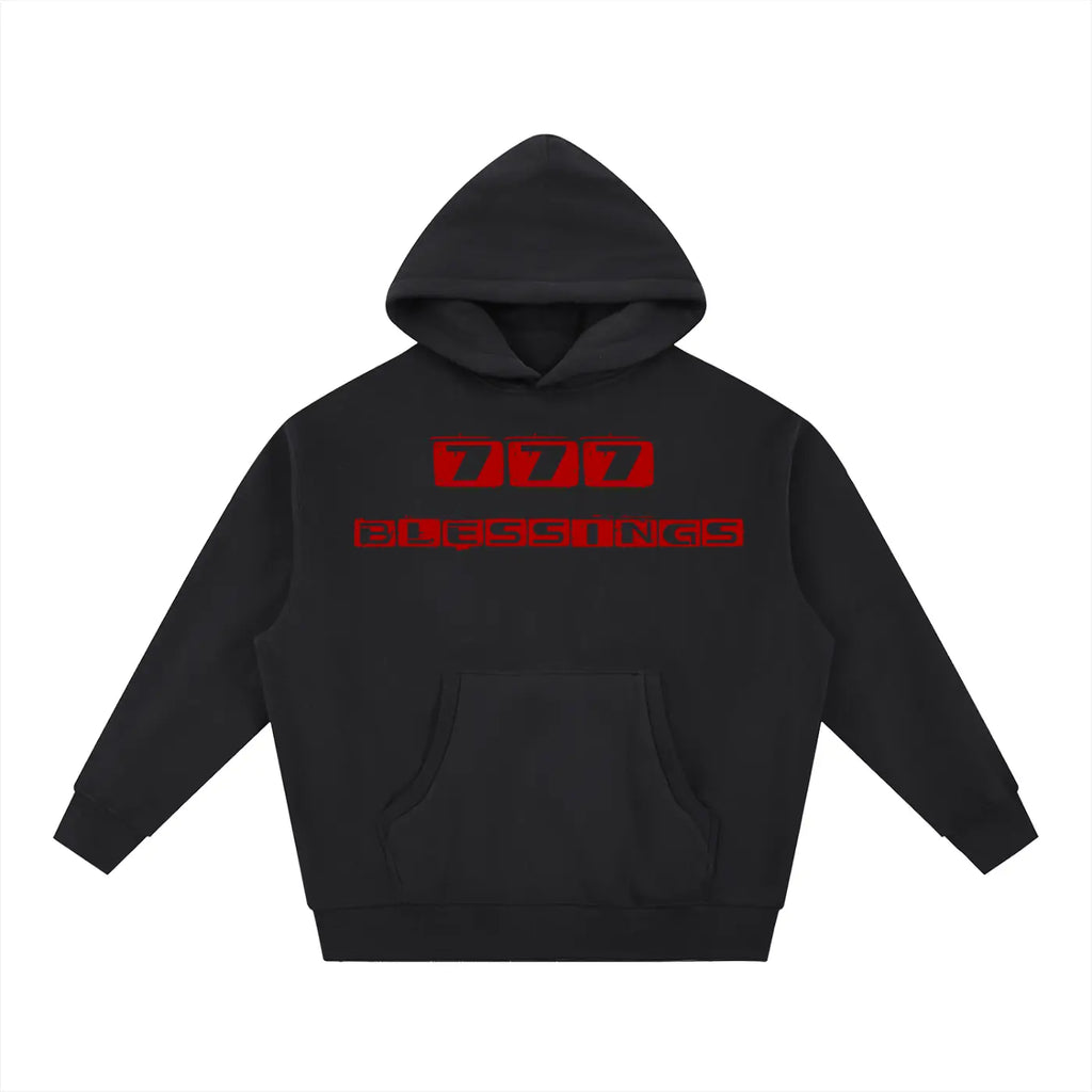 Essential Oversized Boxy Fit Fleece Hoodie: "Oversized boxy fit fleece hoodie in black and gray - premium spiritual 777 streetwear layering piece"