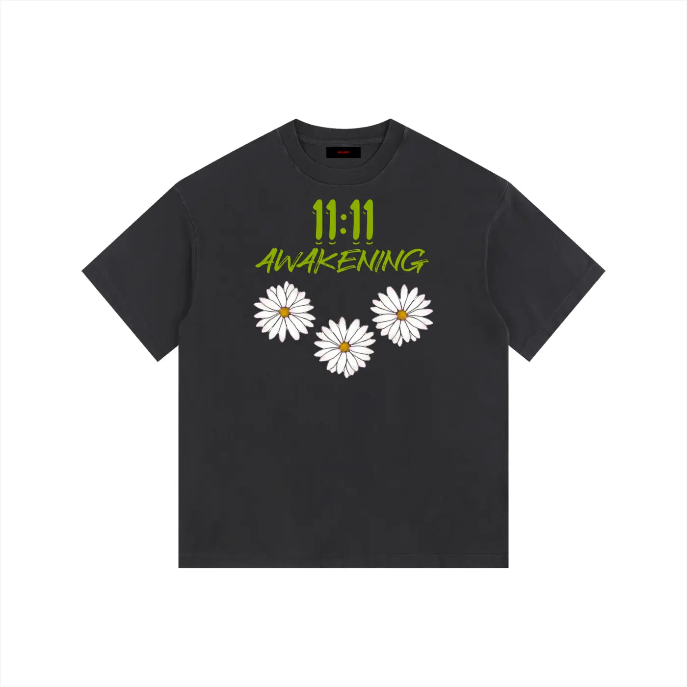 Celestial Black t-shirt with '11:11 Awakening' text and daisy flowers on a white background