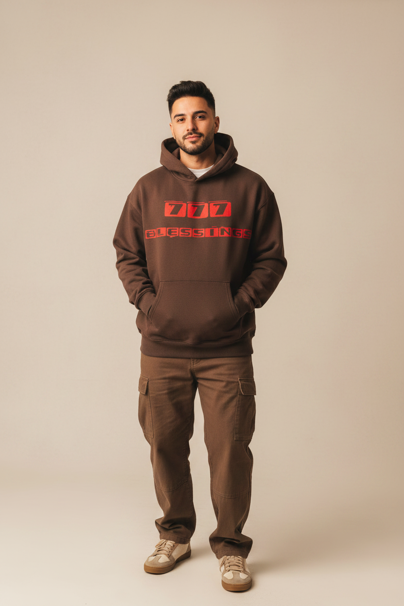 Latino man wearing 777 Blessings brown hoodie